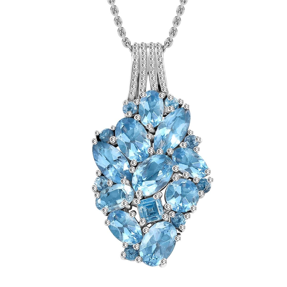 Colors of Multi Blue Topaz 4.40 ctw Ocean Serenade Pendant in Platinum Over Sterling Silver with Stainless Steel Necklace 20 Inches image number 0