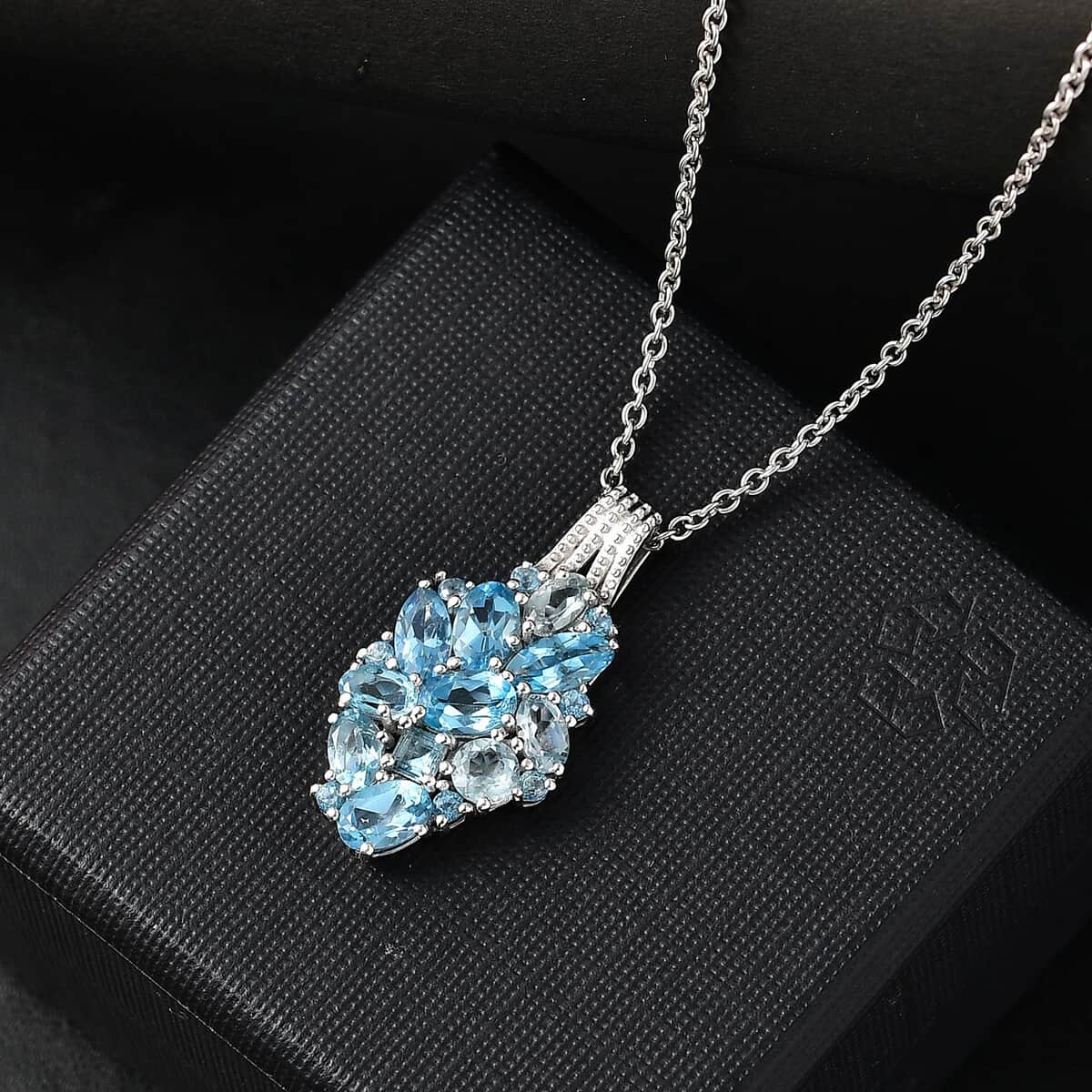 Colors of Multi Blue Topaz 4.40 ctw Ocean Serenade Pendant in Platinum Over Sterling Silver with Stainless Steel Necklace 20 Inches image number 1