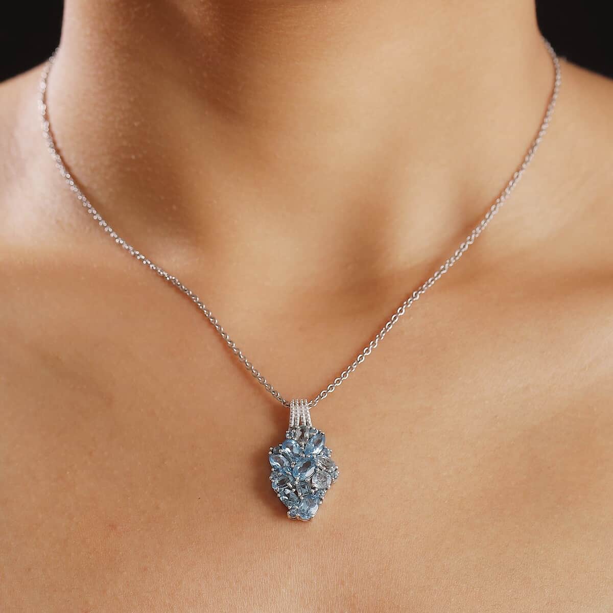 Colors of Multi Blue Topaz 4.40 ctw Ocean Serenade Pendant in Platinum Over Sterling Silver with Stainless Steel Necklace 20 Inches image number 2