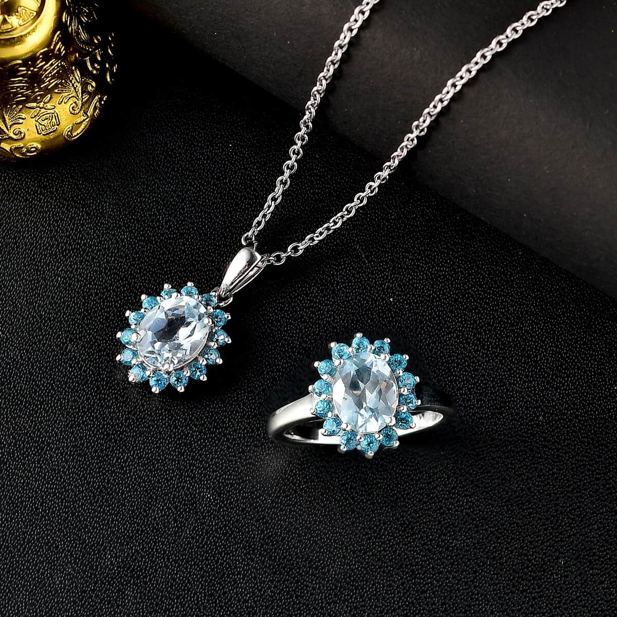 Signity Paraiba Topaz and Sky Blue Topaz 5.50 ctw Sunburst Ring (Size 7.0) and Pendant in Platinum Over Sterling Silver with Stainless Steel 20 Inches image number 1