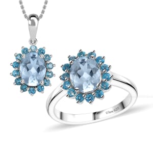 Signity Paraiba Topaz and Sky Blue Topaz 5.50 ctw Sunburst Ring (Size 8.0) and Pendant in Platinum Over Sterling Silver with Stainless Steel 20 Inches