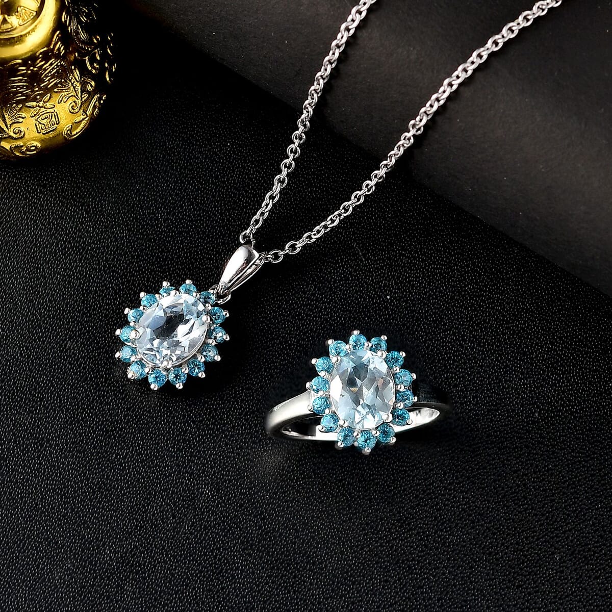 Signity Paraiba Topaz and Sky Blue Topaz 5.50 ctw Sunburst Ring (Size 8.0) and Pendant in Platinum Over Sterling Silver with Stainless Steel 20 Inches image number 1