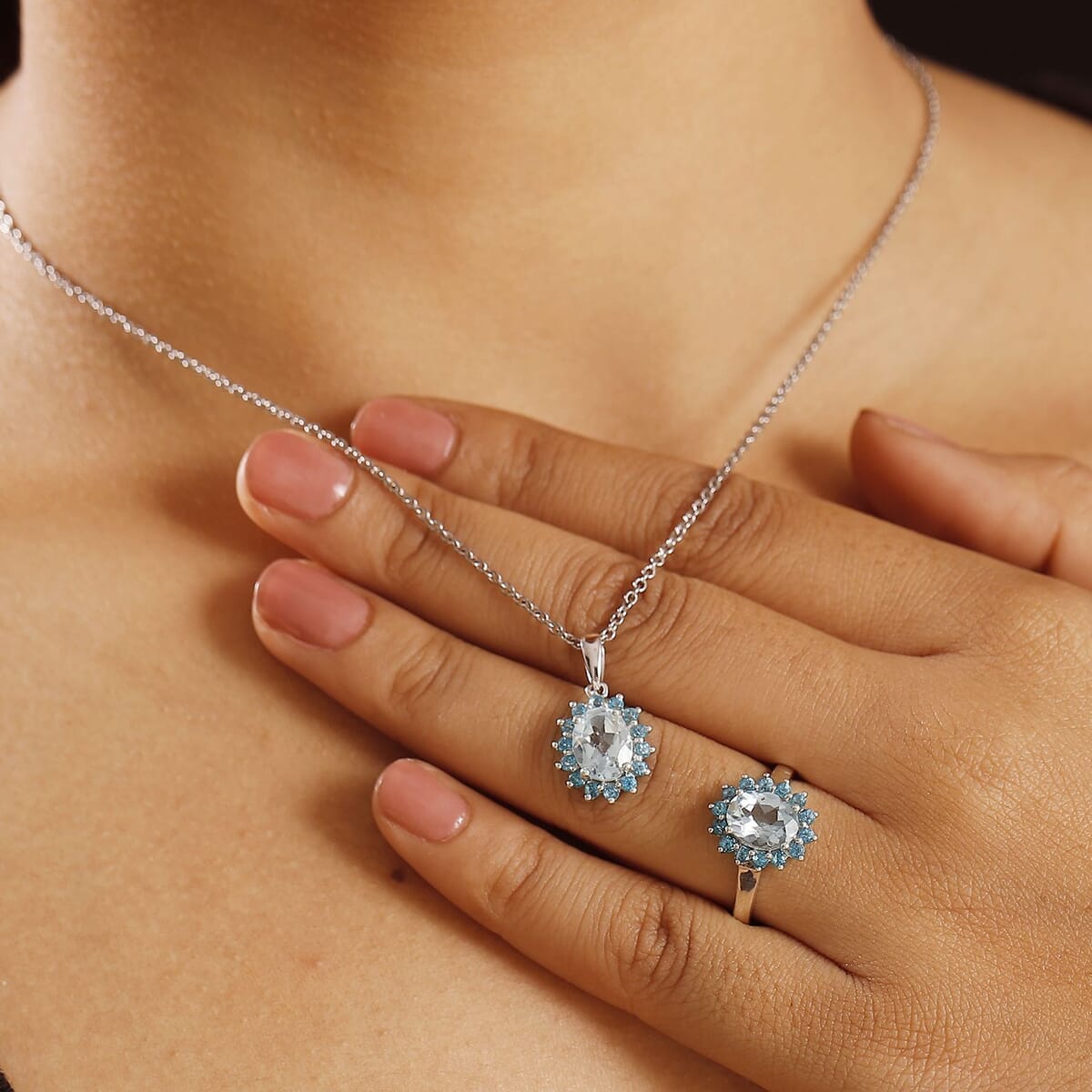 Signity Paraiba Topaz and Sky Blue Topaz 5.50 ctw Sunburst Ring (Size 8.0) and Pendant in Platinum Over Sterling Silver with Stainless Steel 20 Inches image number 2