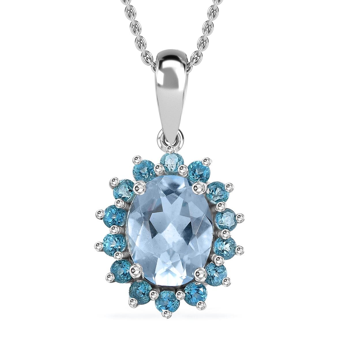Signity Paraiba Topaz and Sky Blue Topaz 5.50 ctw Sunburst Ring (Size 8.0) and Pendant in Platinum Over Sterling Silver with Stainless Steel 20 Inches image number 6