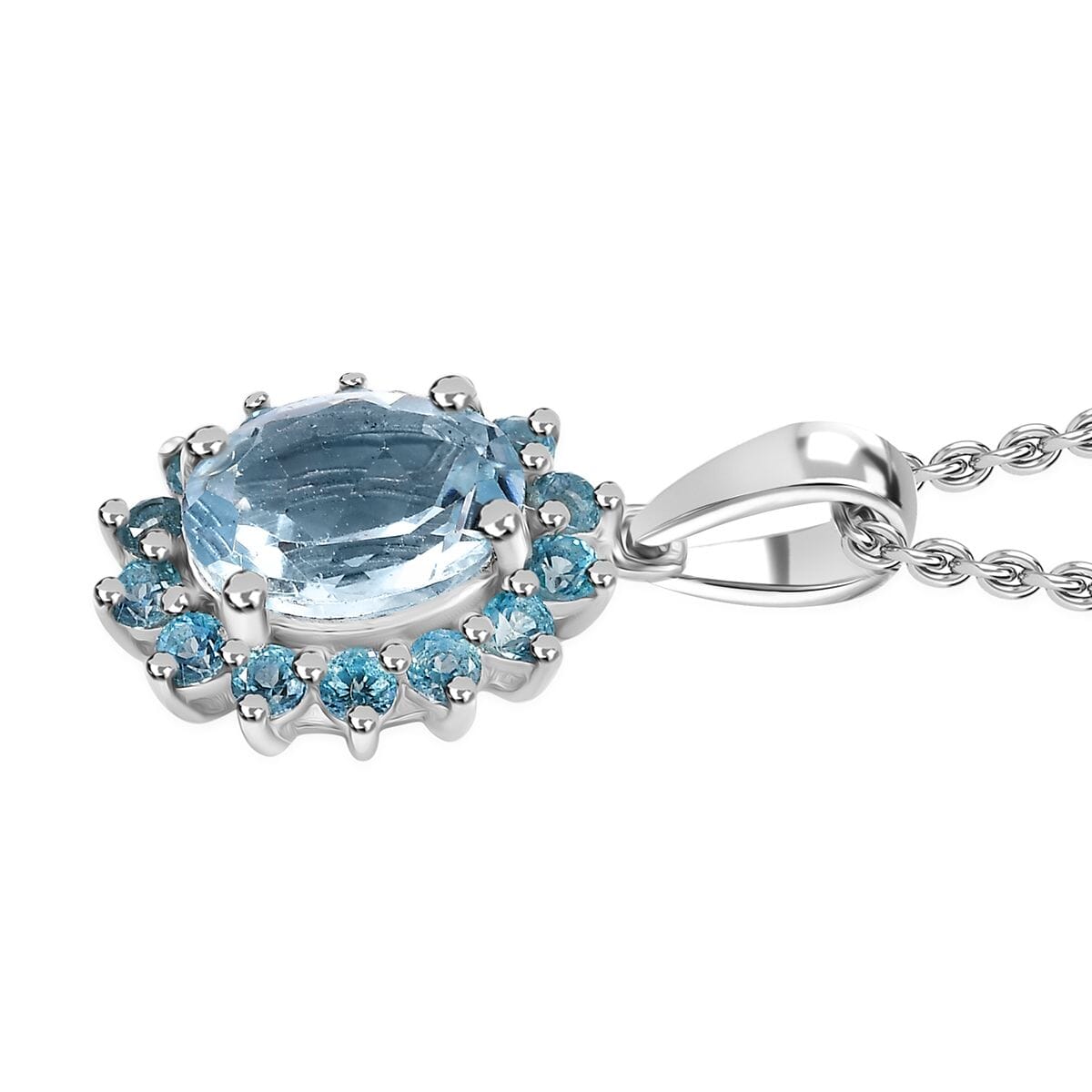 Signity Paraiba Topaz and Sky Blue Topaz 5.50 ctw Sunburst Ring (Size 8.0) and Pendant in Platinum Over Sterling Silver with Stainless Steel 20 Inches image number 7
