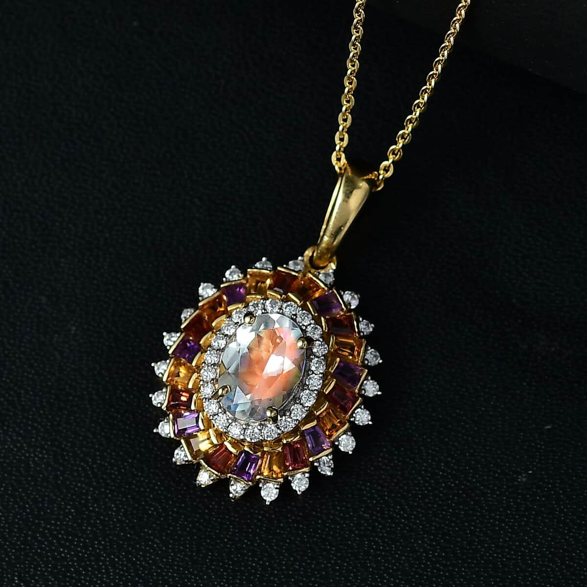 Premium Malagasy Moonstone and Multi Gemstone 2.15 ctw Celestial Burst Pendant Necklace in 18K Vermeil Yellow Gold Over Sterling Silver 20 Inches image number 1