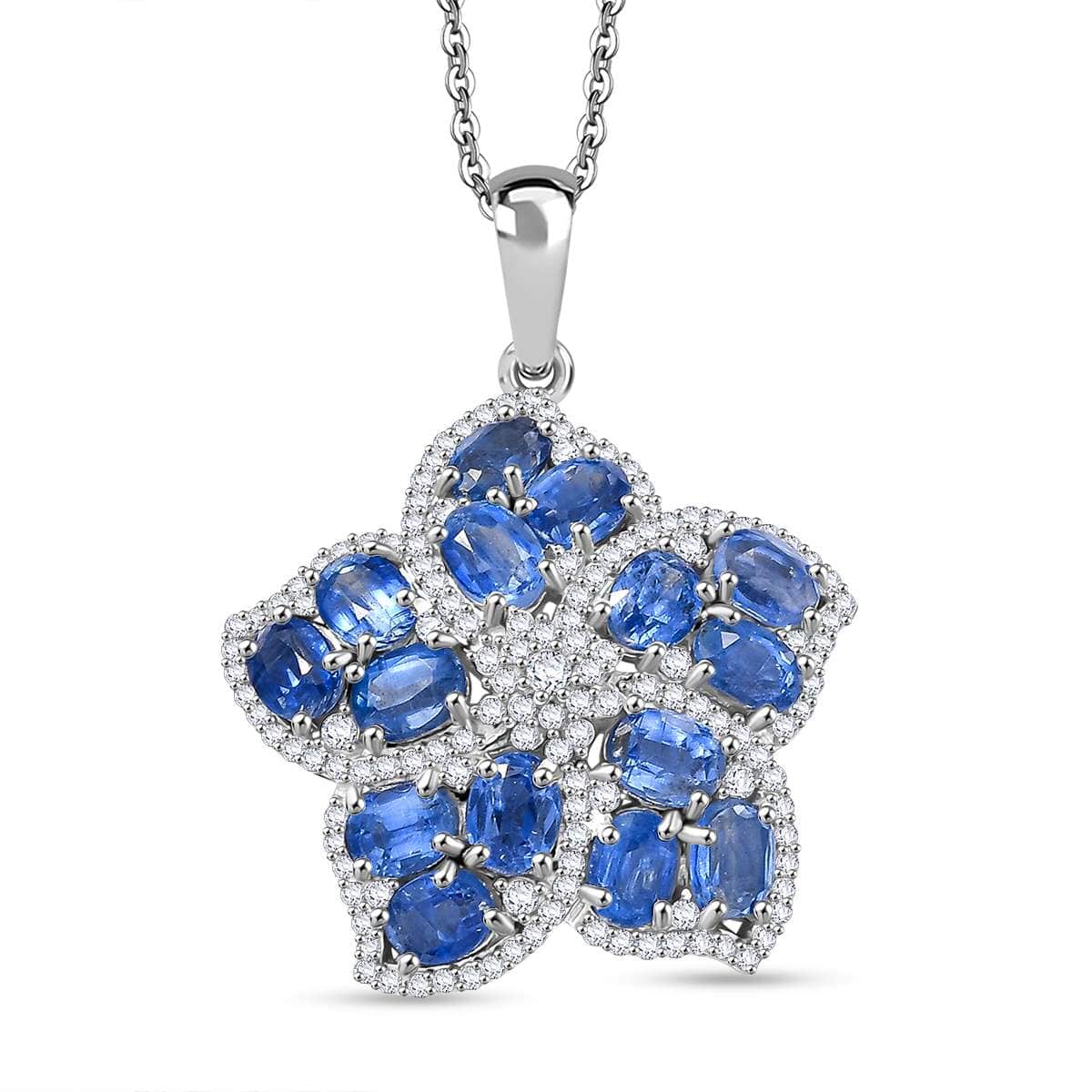 Kashmir Kyanite and White Zircon 4.50 ctw Floral Pendant Necklace in Rhodium Over Sterling Silver 20 Inches image number 0