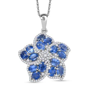 Kashmir Kyanite and White Zircon 4.50 ctw Floral Pendant Necklace in Rhodium Over Sterling Silver 20 Inches