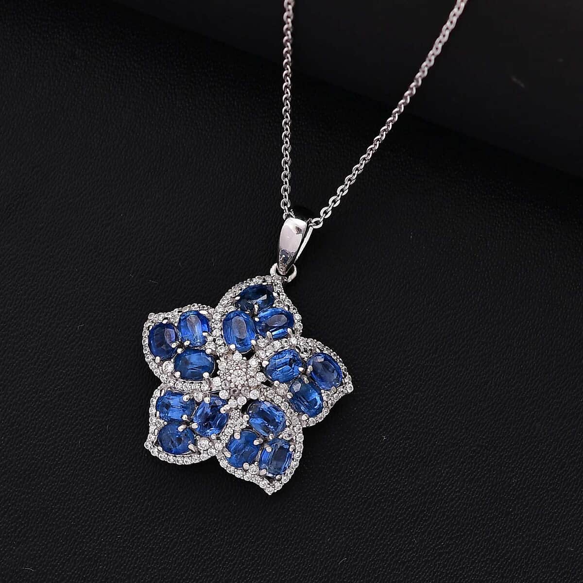 Kashmir Kyanite and White Zircon 4.50 ctw Floral Pendant Necklace in Rhodium Over Sterling Silver 20 Inches image number 1