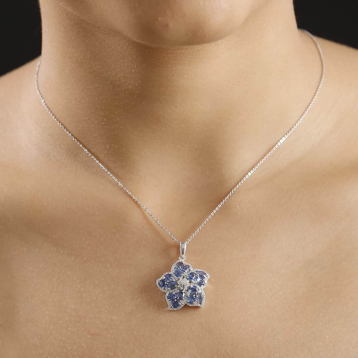 Kashmir Kyanite and White Zircon 4.50 ctw Floral Pendant Necklace in Rhodium Over Sterling Silver 20 Inches image number 2