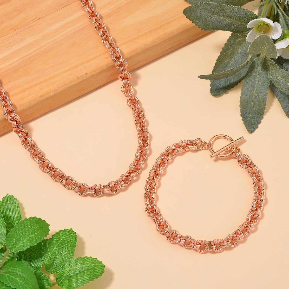 Set of Necklace 20 Inches and Bracelet (7.5In) in ION Platede RG Stainless Steel image number 1