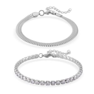 Simulated Diamond Set of 2 Tennis and Herringbone Bracelet in Stainless Steel (7.50-9.0In)