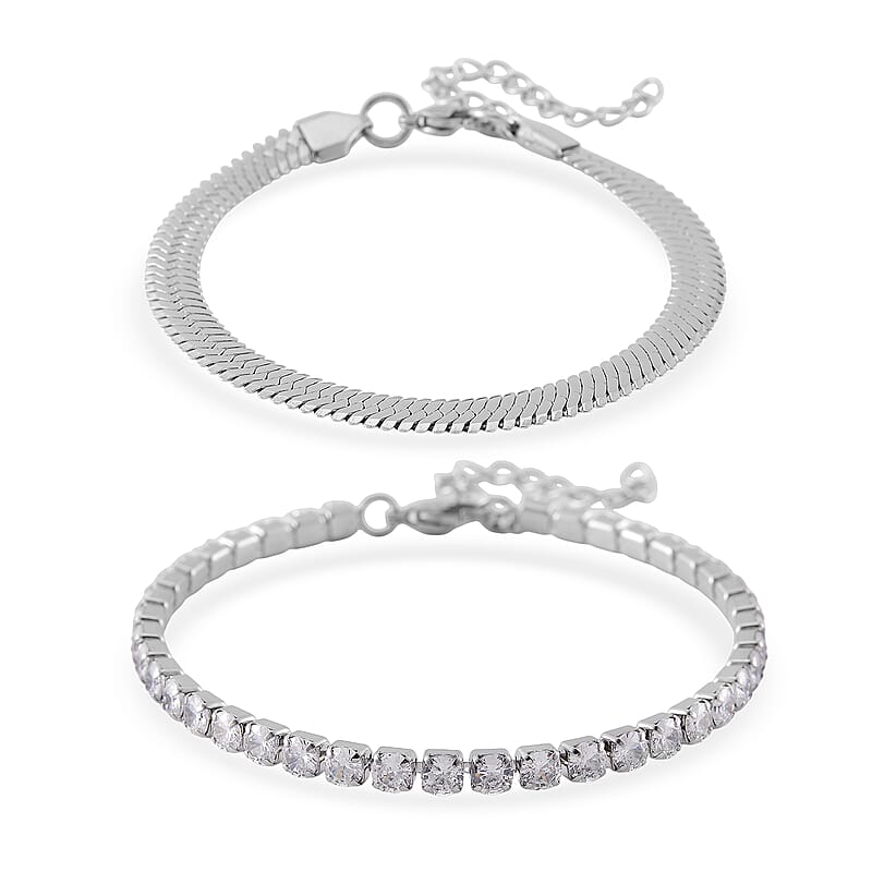 Simulated Diamond Set of 2 Tennis and Herringbone Bracelet in Stainless Steel (7.50-9.0In)