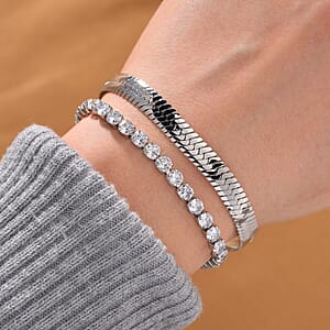 Simulated Diamond Set of 2 Tennis and Herringbone Bracelet in Stainless Steel (7.50-9.0In)