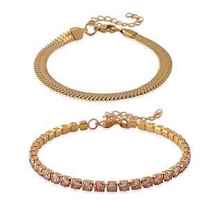 Simulated Champagne Diamond Set of 2 Tennis and Herringbone Bracelet in ION Plated YG Stainless Steel (7.50-9.0In)