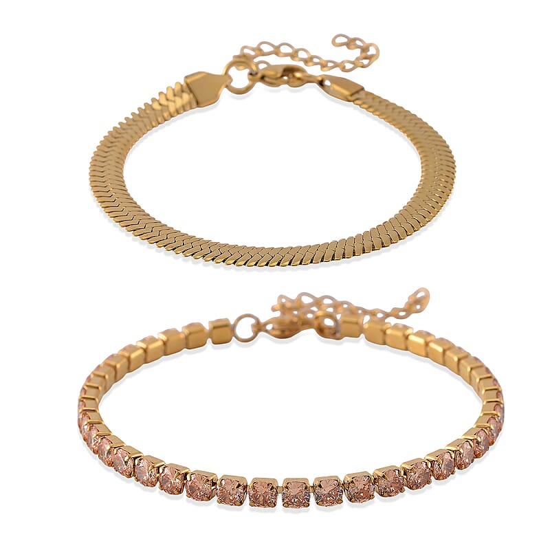 Simulated Champagne Diamond Set of 2 Tennis and Herringbone Bracelet in ION Plated YG Stainless Steel (7.50-9.0In)