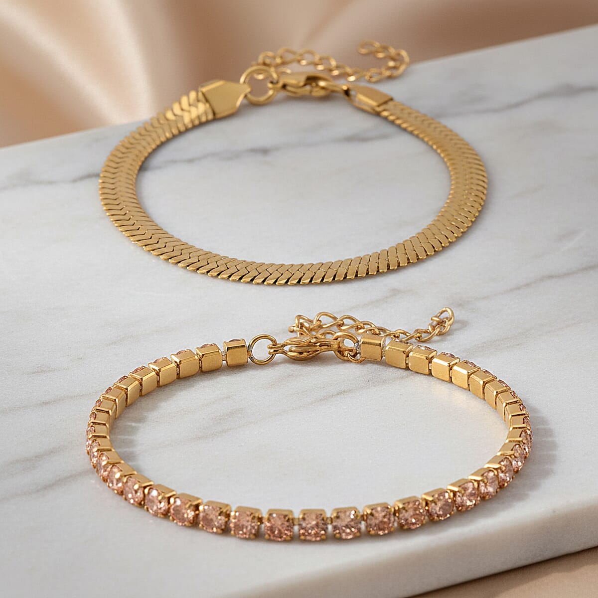 Simulated Champagne Diamond Set of 2 Tennis and Herringbone Bracelet in ION Plated YG Stainless Steel (7.50-9.0In) image number 1