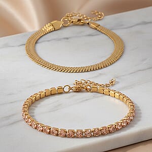 Simulated Champagne Diamond Set of 2 Tennis and Herringbone Bracelet in ION Plated YG Stainless Steel (7.50-9.0In)