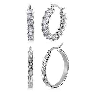Set of 2 Simulated Diamond and Herringbone Hoop Earrings in Stainless Steel