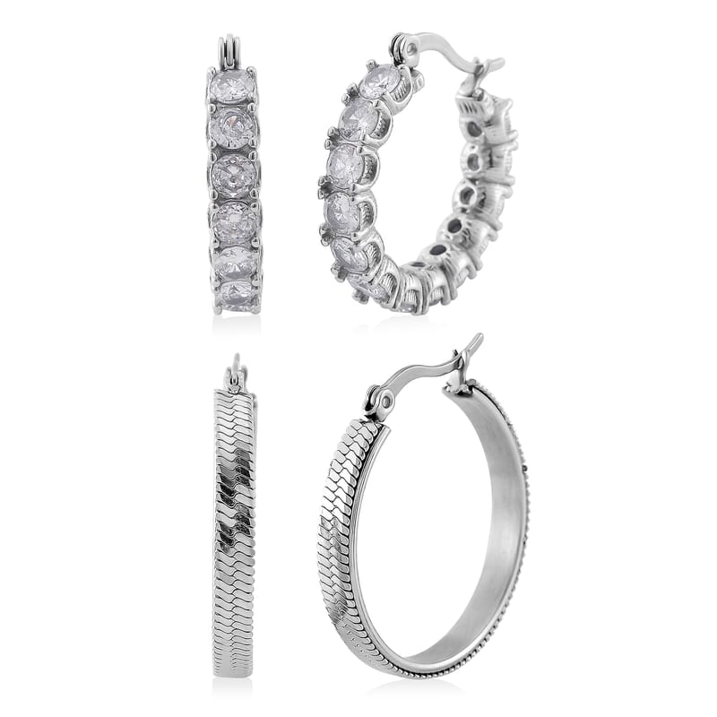 Set of 2 Simulated Diamond and Herringbone Hoop Earrings in Stainless Steel