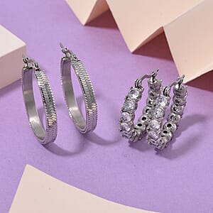 Set of 2 Simulated Diamond and Herringbone Hoop Earrings in Stainless Steel