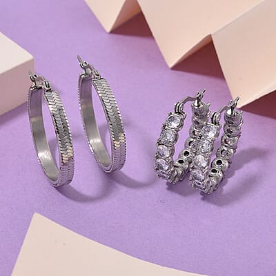Set of 2 Simulated Diamond and Herringbone Hoop Earrings in Stainless Steel