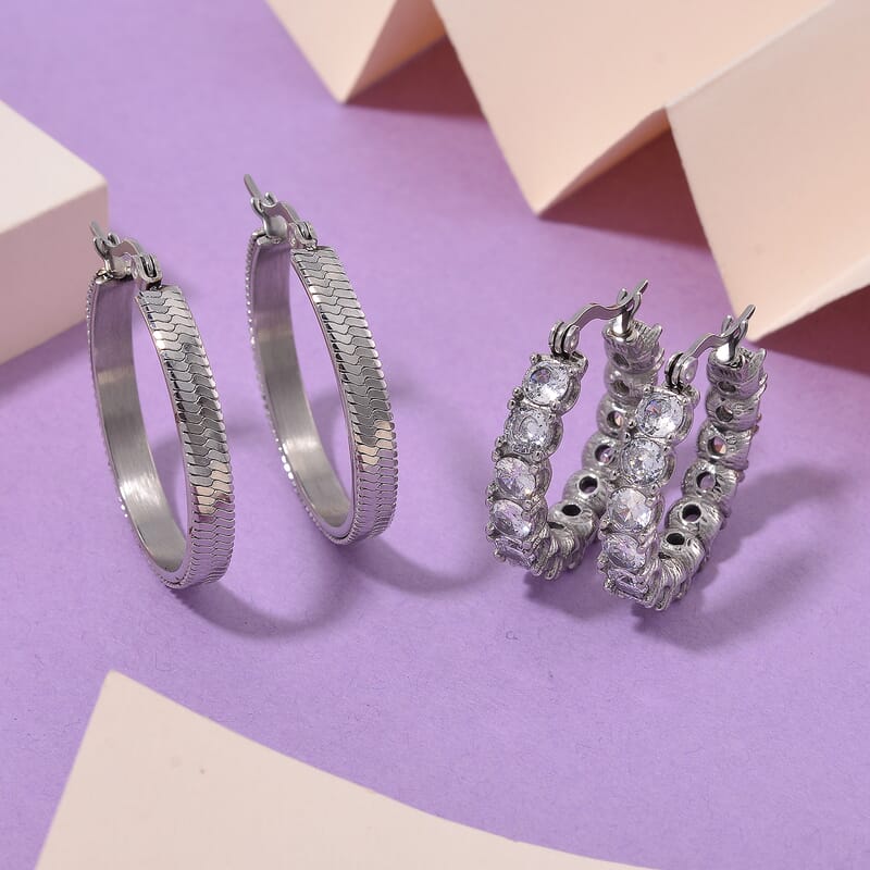 Set of 2 Simulated Diamond and Herringbone Hoop Earrings in Stainless Steel