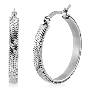 Set of 2 Simulated Diamond and Herringbone Hoop Earrings in Stainless Steel