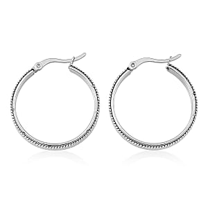 Set of 2 Simulated Diamond and Herringbone Hoop Earrings in Stainless Steel
