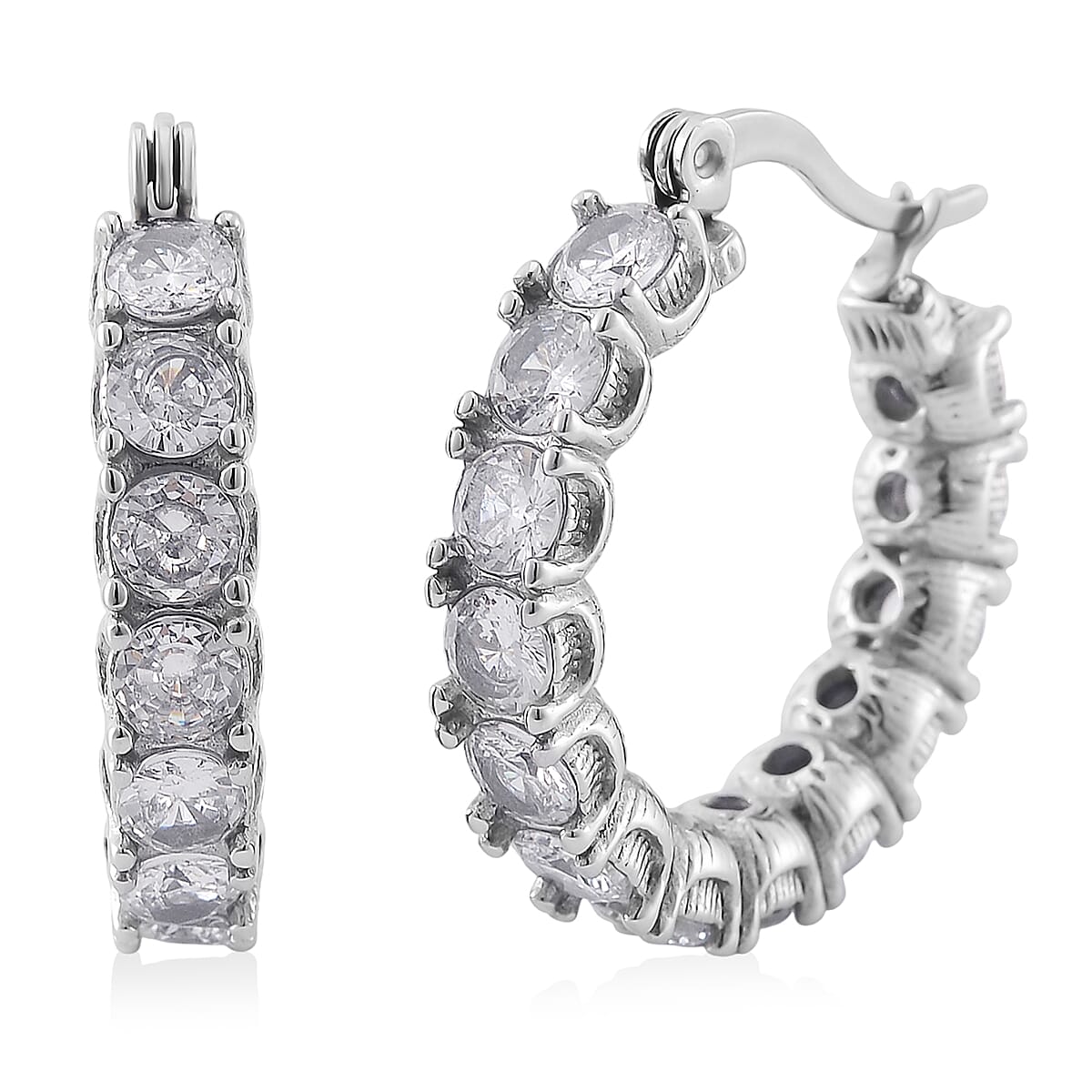 Set of 2 Simulated Diamond and Herringbone Hoop Earrings in Stainless Steel image number 4