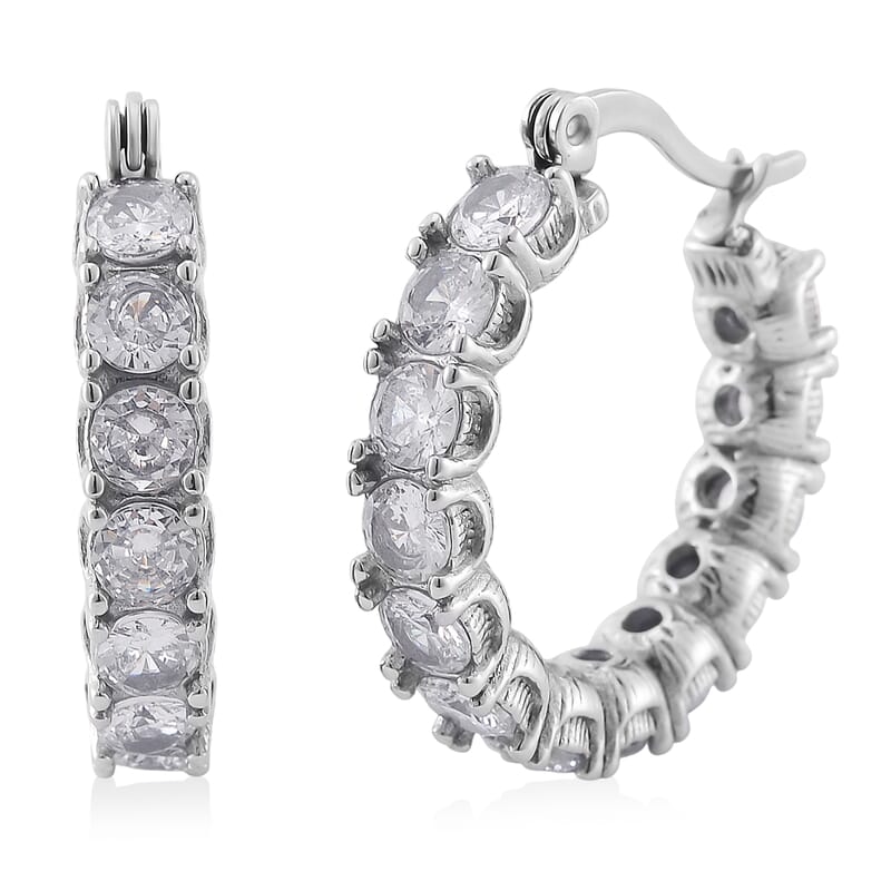 Set of 2 Simulated Diamond and Herringbone Hoop Earrings in Stainless Steel