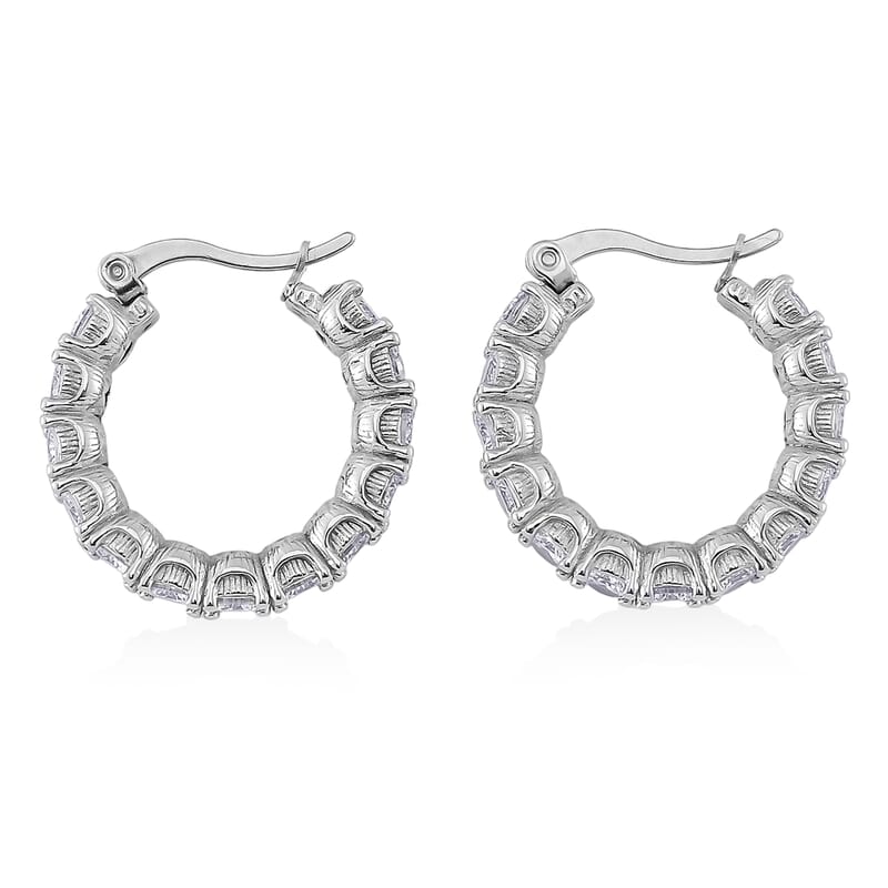 Set of 2 Simulated Diamond and Herringbone Hoop Earrings in Stainless Steel