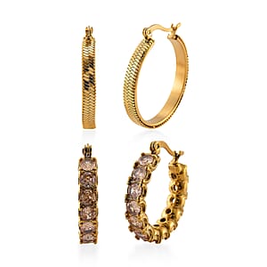 Set of 2 Simulated Champagne Diamond and Herringbone Hoop Earrings in ION Plated YG Stainless Steel