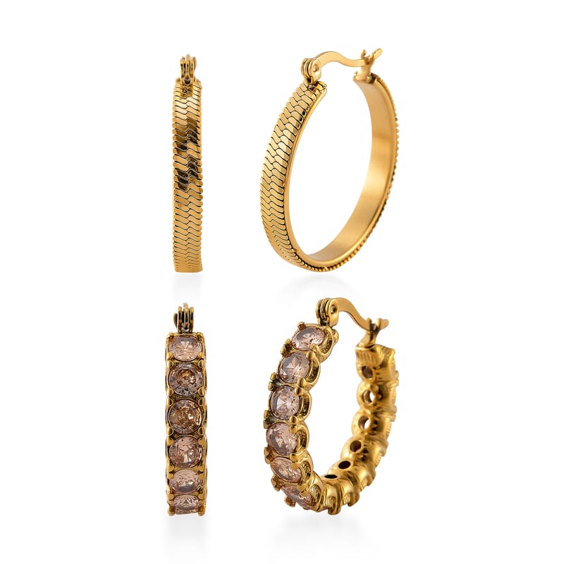 Set of 2 Simulated Champagne Diamond and Herringbone Hoop Earrings in ION Plated YG Stainless Steel