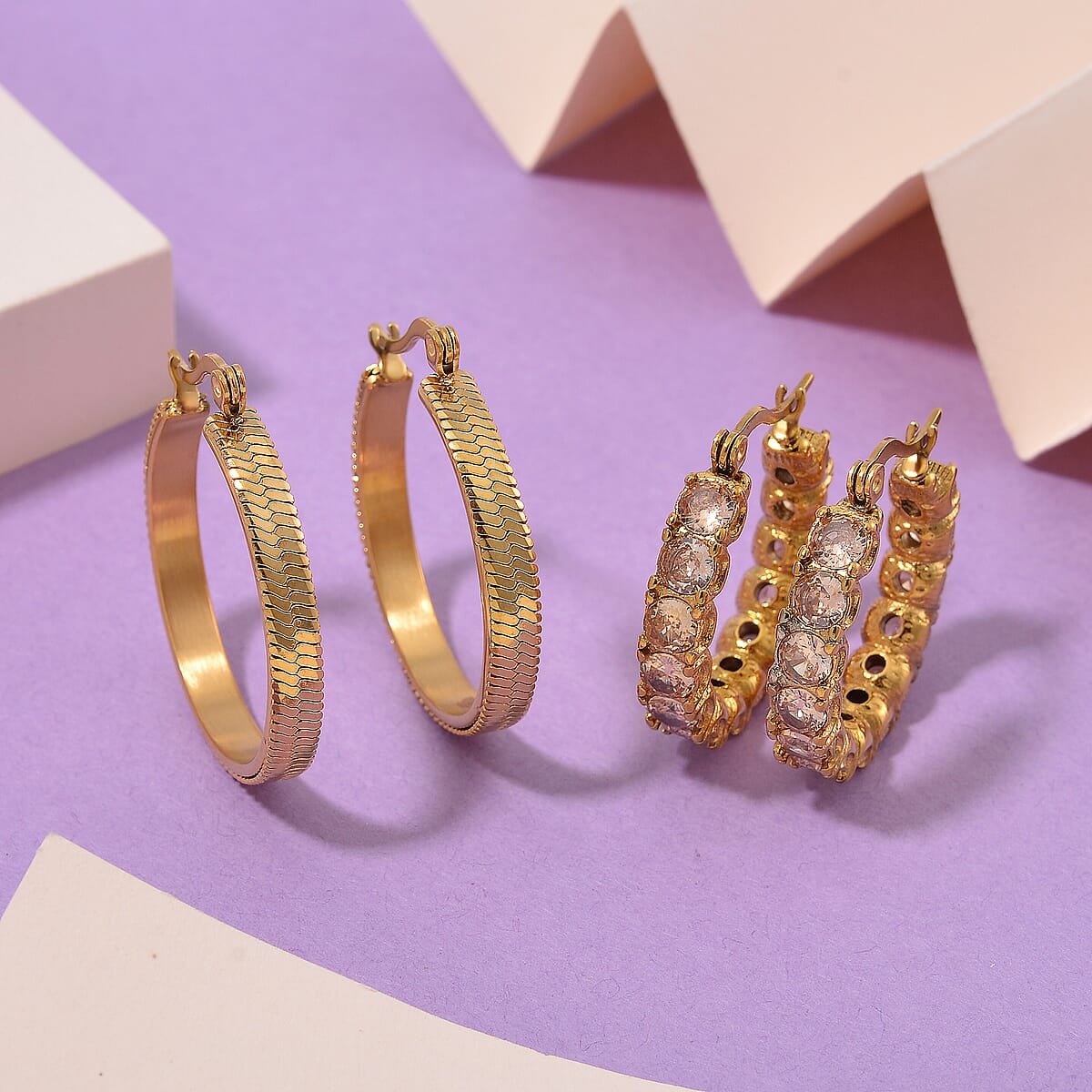 Set of 2 Simulated Champagne Diamond and Herringbone Hoop Earrings in ION Plated YG Stainless Steel image number 1