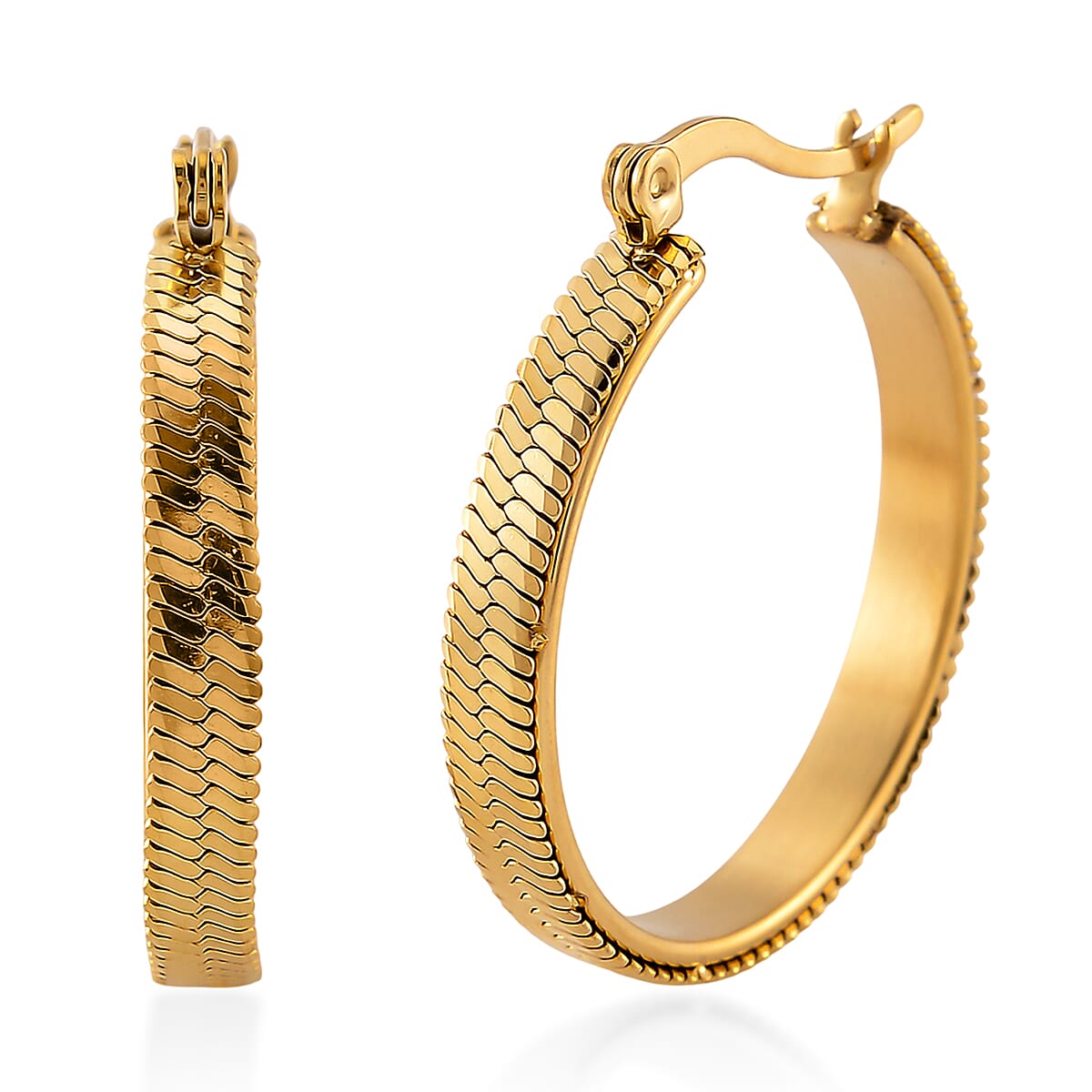 Set of 2 Simulated Champagne Diamond and Herringbone Hoop Earrings in ION Plated YG Stainless Steel image number 2