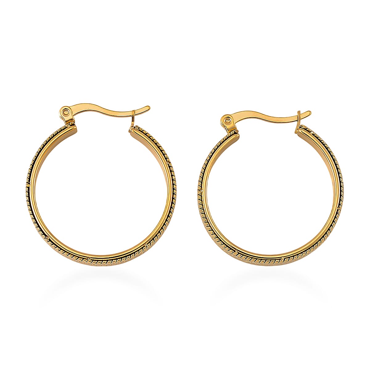 Set of 2 Simulated Champagne Diamond and Herringbone Hoop Earrings in ION Plated YG Stainless Steel image number 3