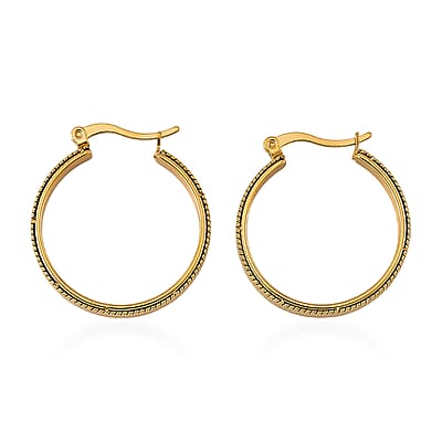 Set of 2 Simulated Champagne Diamond and Herringbone Hoop Earrings in ION Plated YG Stainless Steel