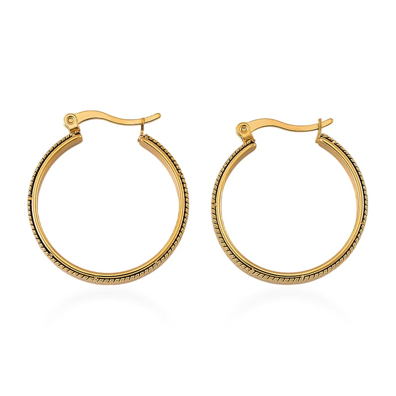 Set of 2 Simulated Champagne Diamond and Herringbone Hoop Earrings in ION Plated YG Stainless Steel