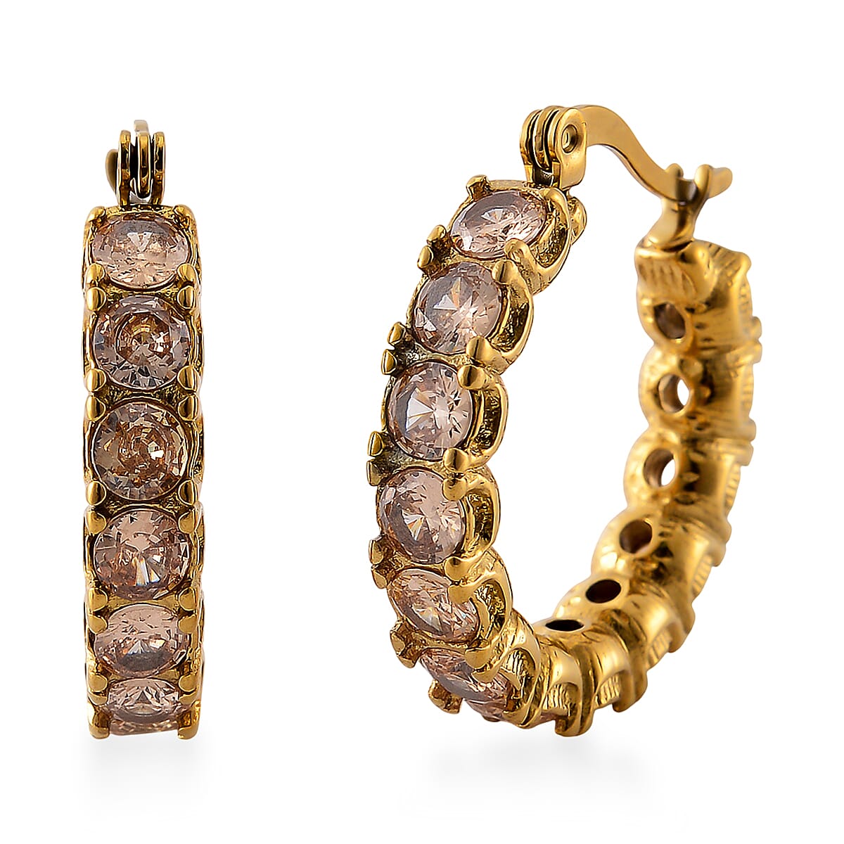 Set of 2 Simulated Champagne Diamond and Herringbone Hoop Earrings in ION Plated YG Stainless Steel image number 4