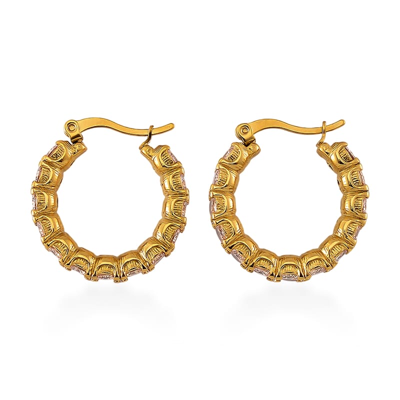 Set of 2 Simulated Champagne Diamond and Herringbone Hoop Earrings in ION Plated YG Stainless Steel