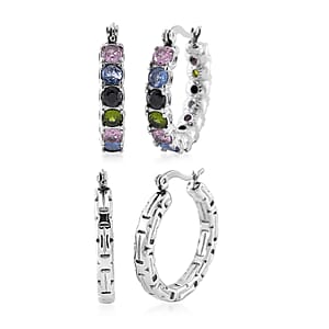 Set of 2 Simulated Multi Color Diamond and Herringbone Hoop Earrings in Stainless Steel