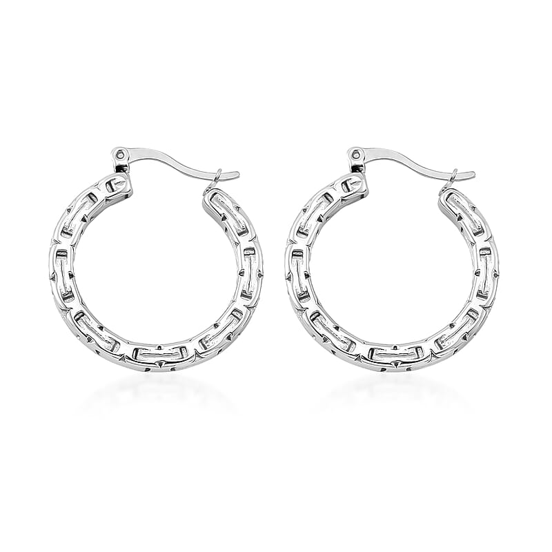 Set of 2 Simulated Multi Color Diamond and Herringbone Hoop Earrings in Stainless Steel