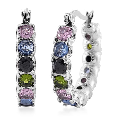 Set of 2 Simulated Multi Color Diamond and Herringbone Hoop Earrings in Stainless Steel