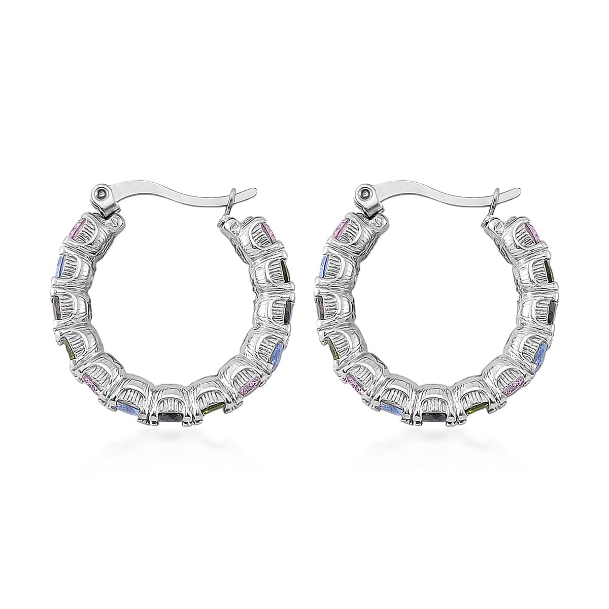 Set of 2 Simulated Multi Color Diamond and Herringbone Hoop Earrings in Stainless Steel