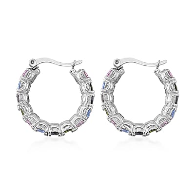 Set of 2 Simulated Multi Color Diamond and Herringbone Hoop Earrings in Stainless Steel