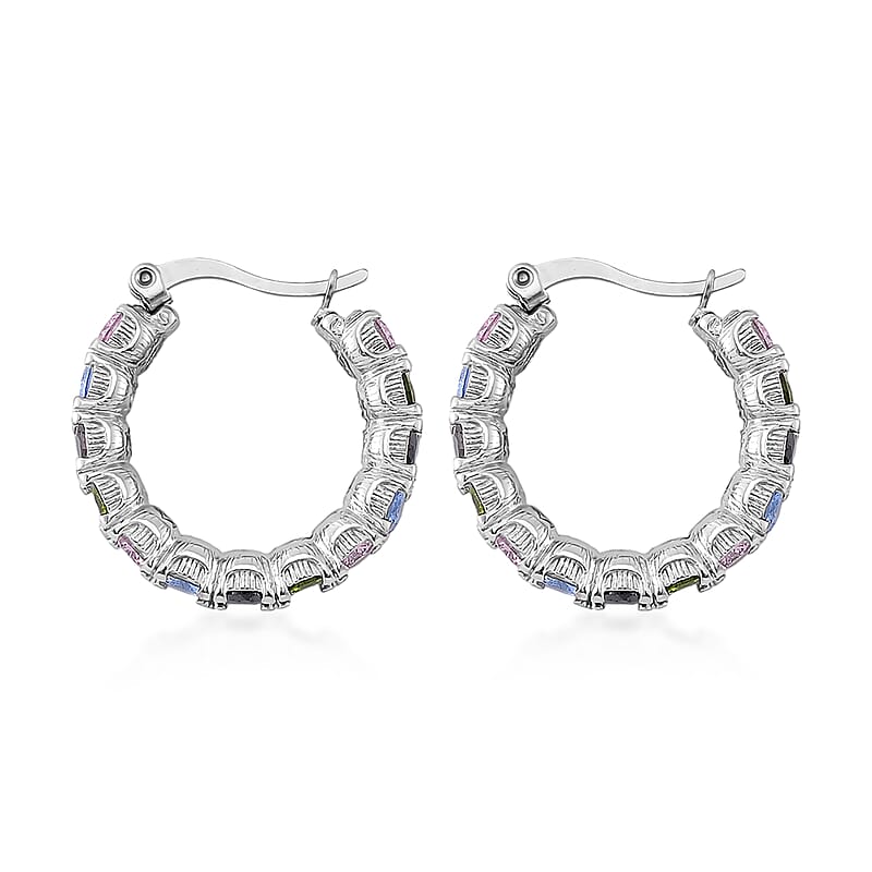 Set of 2 Simulated Multi Color Diamond and Herringbone Hoop Earrings in Stainless Steel
