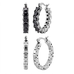 Set of 2 Simulated Black Diamond and Byzantine Hoop Earrings in Stainless Steel