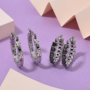 Set of 2 Simulated Black Diamond and Byzantine Hoop Earrings in Stainless Steel