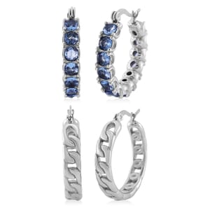 Set of 2 Simulated Blue Diamond and Curb Hoop Earrings in Stainless Steel